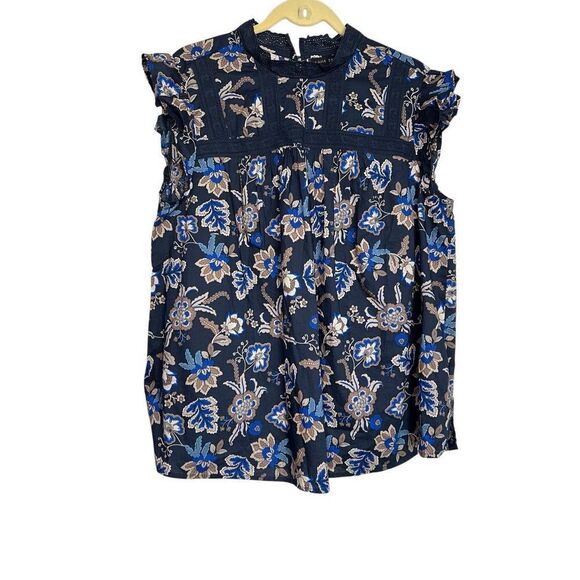 Lane Bryant Top Womens Sz 18 Blue Blouse Floral Ruffle Cap Sleeve Lace Trim NWOT - Picture 1 of 8